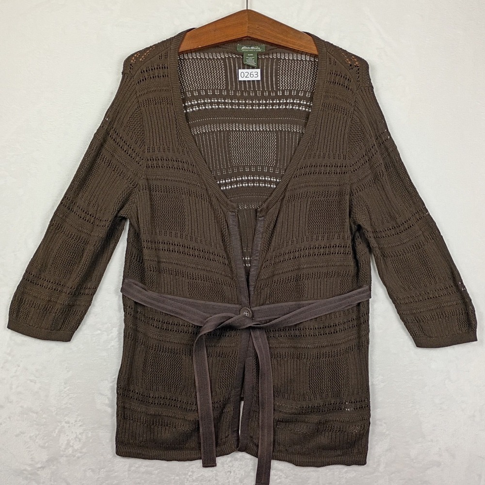 Eddie Bauer Cardigan Womens XL Brown Crochet Knit Waist Boho 90s Vintage Gorp